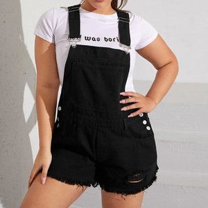 New Shein Plus Ripped Raw Hem Solid Denim Overalls